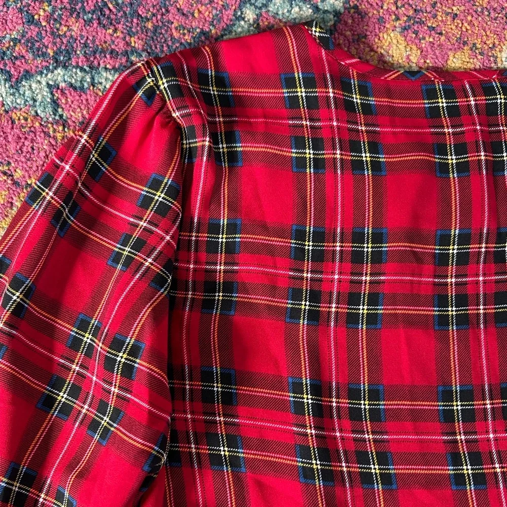 J. Crew | Women’s Red/Multi Tartan Plaid Crewneck Ruffle Sleeve Hems Top, Size S